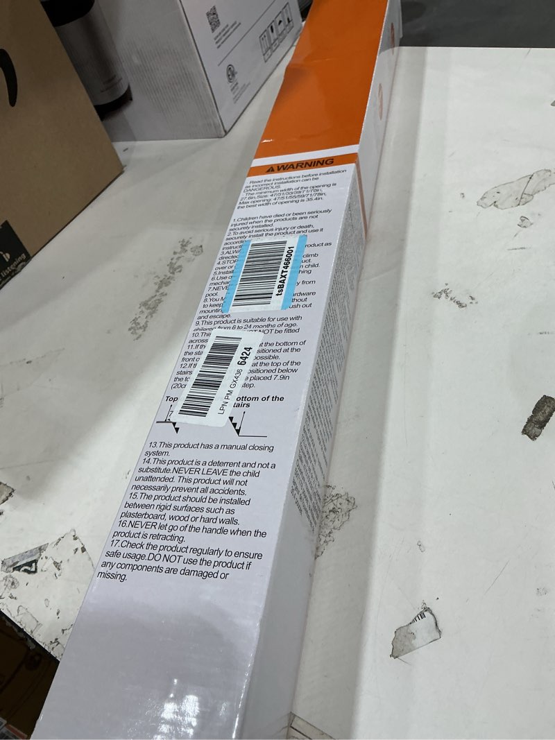 Condition photo showing New/Like New for retractable baby gate for stairs – 33” height, expands up to 55” width – safety gate for infants, toddlers, dogs & pets – easy install, secure closure, white mesh design for indoor & outdoor use