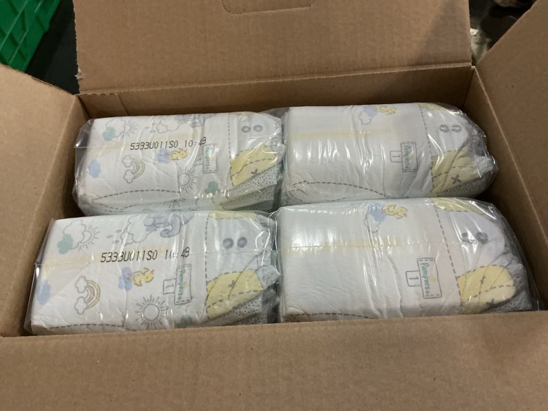 Condition photo showing New/Like New for pampers swaddlers diapers, size 1 (8-14 lbs), 164 count, absorbent, keeps baby dry and comfortable, skin safe disposable baby diaper size 1 164