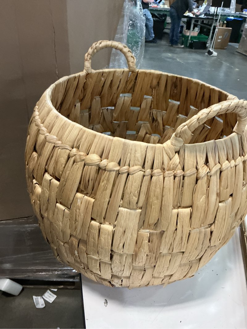 Condition photo showing As Is for round wicker storage basket, woven large water hyacinth bin with handles, 12''x 7''(similar)