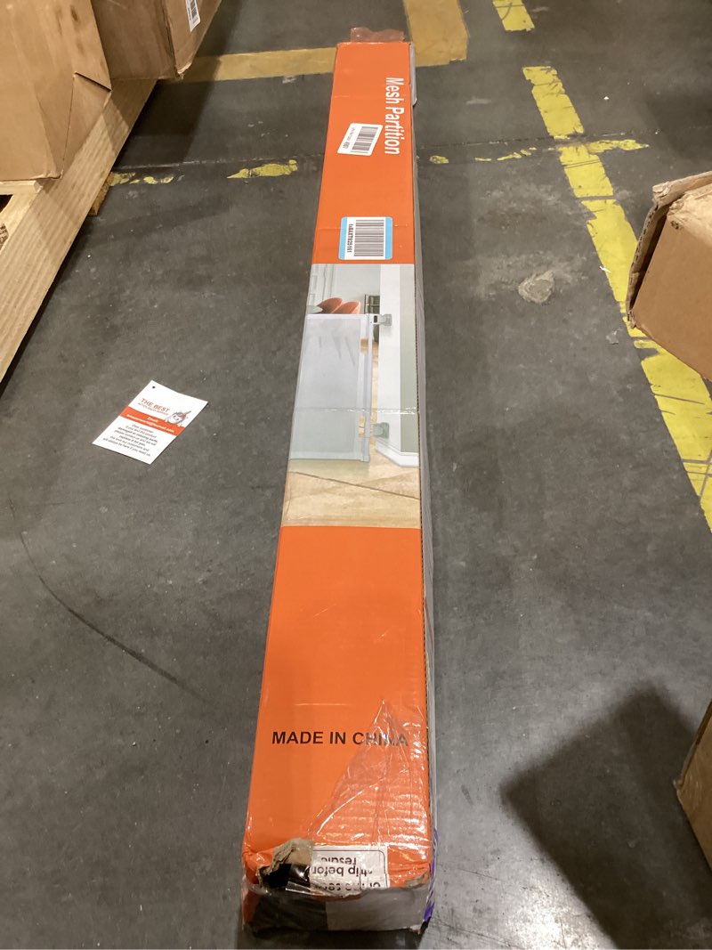 Condition photo showing Good Condition for reinforced 42” extra tall retractable baby gates with rods, extends up to 60” wide, tall retractable