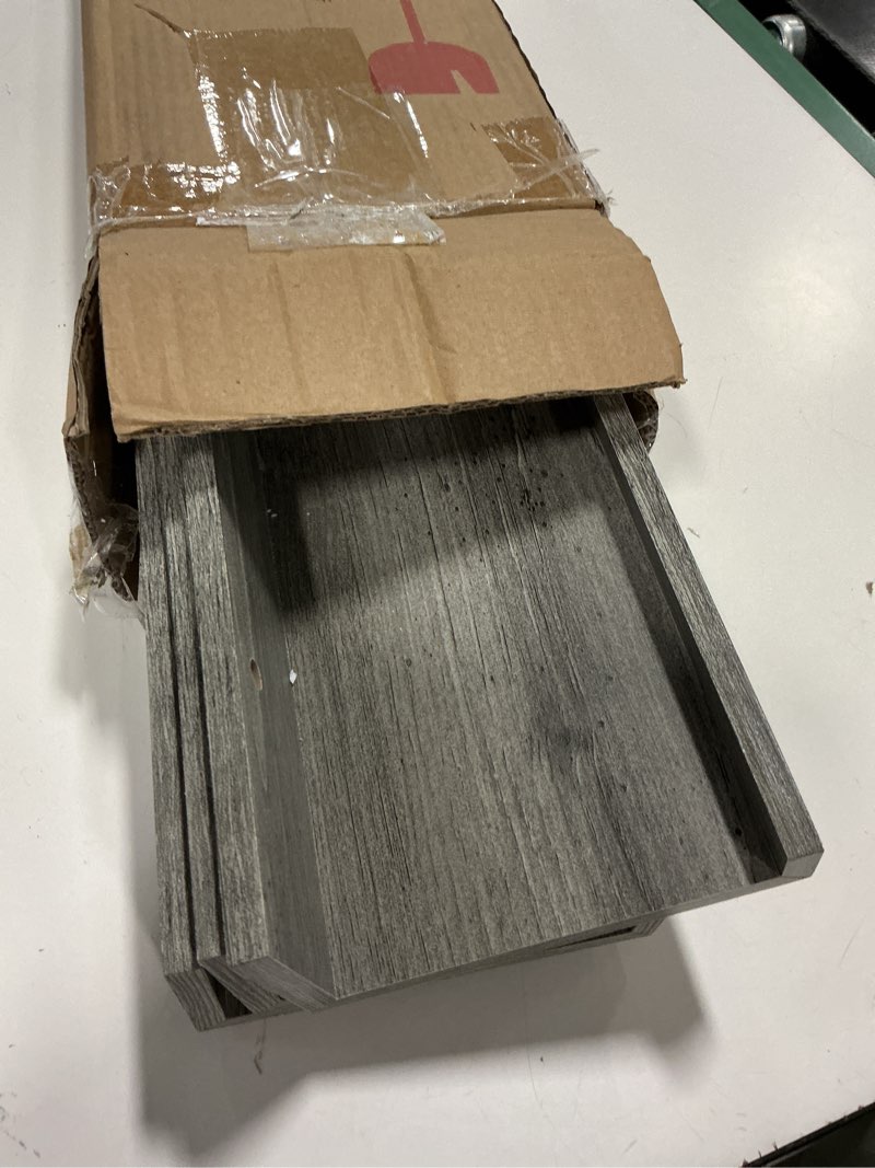 Condition photo showing As Is for 24 inch Grey Floating Wall Shelves Set of 3, Wall Mounted Shelves with Lip for Bathroom, Living Room, Kitchen Grey 24"3pack