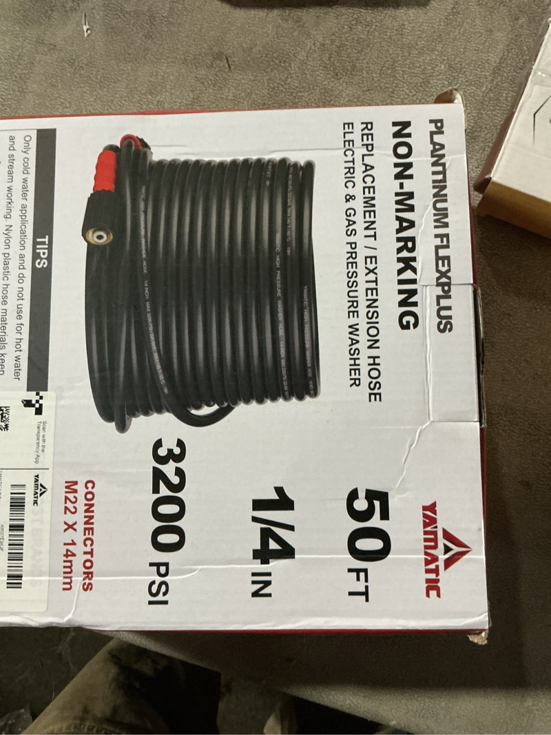 Condition photo showing Good Condition for YAMATIC Super Flexible Pressure Washer Hose 50FT 1/4", Kink Resistant Power Washer Hose Replacement for Flexzilla Uberflex Ryobi Genarac Troy Bilt Leak-Free M22 Fittings, 3200 PSI, Grey Gray 50FT