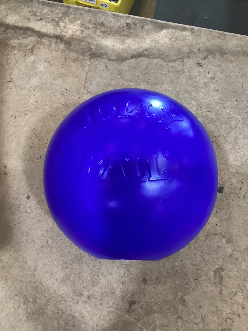 Condition photo showing As Is for jolly pets push-n-play ball dog toy, 14 inches/extra-large, blue (314 bl), for all breed sizes 14 inches/ extra-large blue