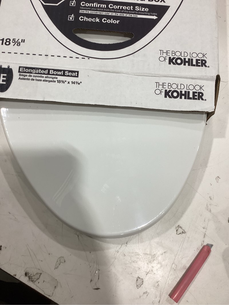 Condition photo showing As Is for kohler k-4774-0 brevia elongated white toilet seat with quick-release hinges and quick-attach hardware for easy clean, white