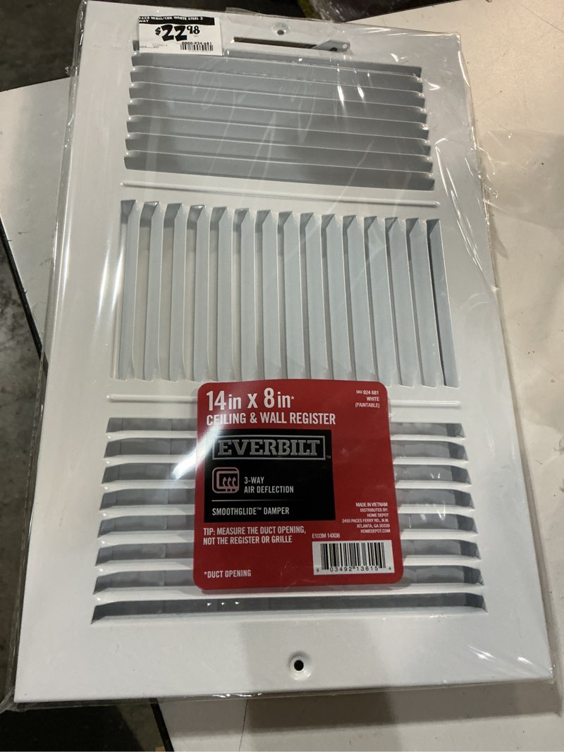 Condition photo showing Good Condition for 14 in. x 8 in. 3-way steel wall/ceiling register in white