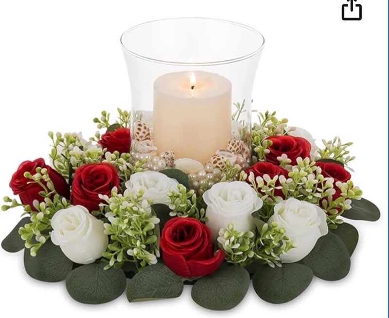 NUPTIO Artificial Flower Wreath with Glass Hurricane Candle Holder, 34cm Clear Vase Pillar Floating Candles Crimson Fake Flowers Outdoor Door Wreaths Wedding Table Centerpieces