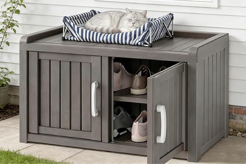 2-tier storage bench, waterproof uv-resistant outdoor shoe storage cabinet with 2 doors & adjustable shelves for indoor outdoor entryway, hallway, living room (classic grey)