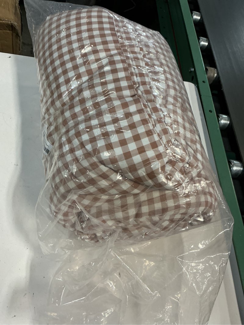 Condition photo showing As Is for twin xl comforter set, modern plaid checkered bedding, tan gingham brown grid bed comforter, soft fluffy breathable farmhouse dorm bedding, all seasons 3 piece set | soft fluffy tan gingham twin xl(68"x88")