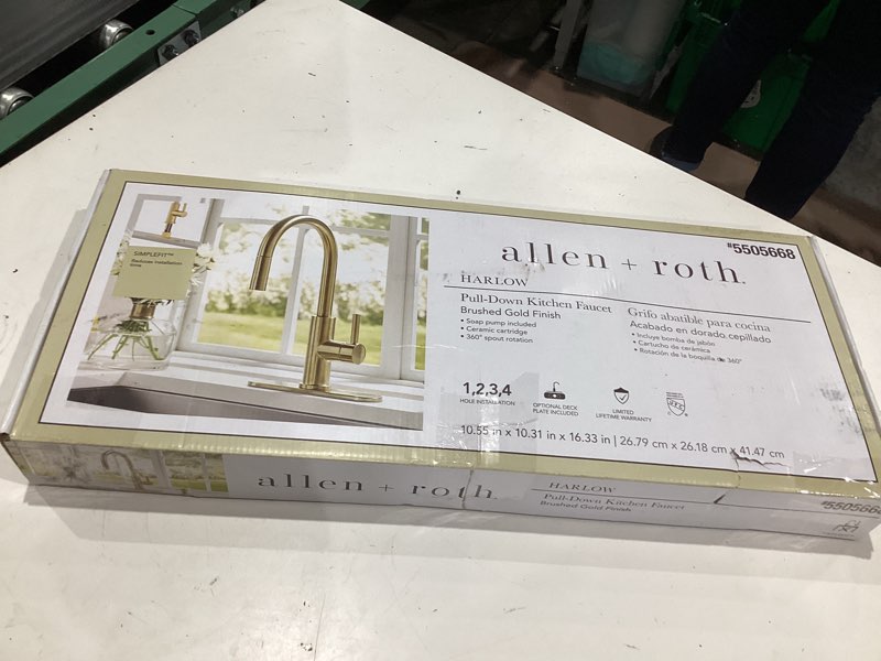 Condition photo showing As Is for allen + roth harlow simplefit brushed gold single handle deck-mount pull-down kitchen faucet with sprayer (includes deck plate) (includes soap dispenser)
