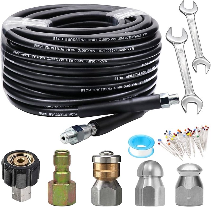 sewer jetter kit for pressure washer 50ft?drain cleaner hose 1/4 inch npt corner, rotating and butto
