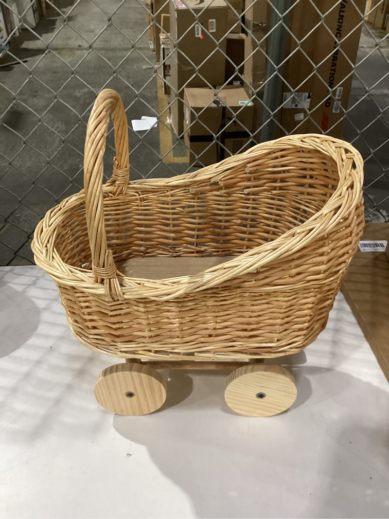 Condition photo showing Good Condition for woven rattan stroller shaped flower basket, vintage wicker baby carriage planter for floral arrangements, baby shower wedding party decor centerpieces for tables, floral rustic home decor (small)