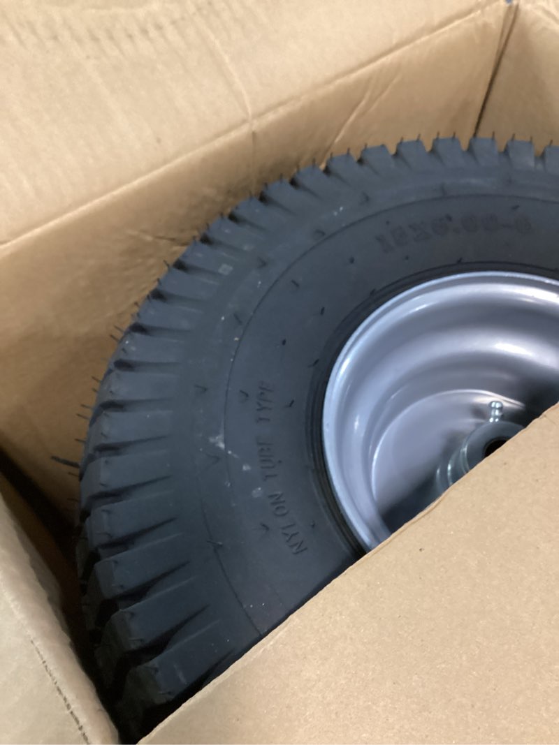 Condition photo showing New/Like New for ar-pro (2-pack) 15 x 6.00-6 front tire and wheel assembly for riding mower lawn tractor, 3" centered hub, 3/4" sintered iron bushings, 4ply pneumatic with turf tread 15 x 6.00-6" pneumatic (centered hub) silver