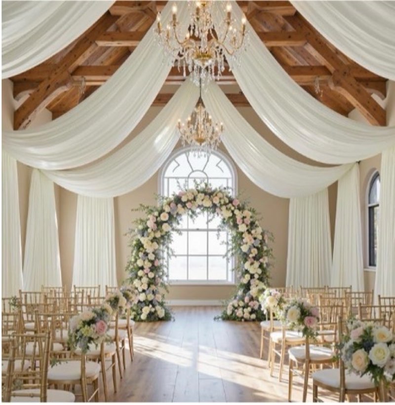 Ivory Ceiling Curtain Drapes for Weddings Parties,Wrinkle Free Polyester Draping Fabric Ivory Cream Drapery for Party Tent Canopy Hotel Banquet Hall Ceiling Decor-3 panel size 5ftx40ft/150cmx1220cm.