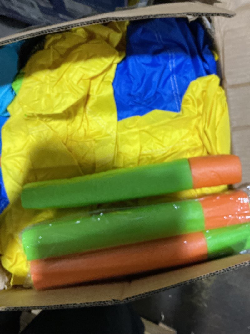 Condition photo showing As Is for used wellfuntime inflatable water slide, bounce house with water bucket, deep pool, climbing wall with rope, bouncy castle with air blower
