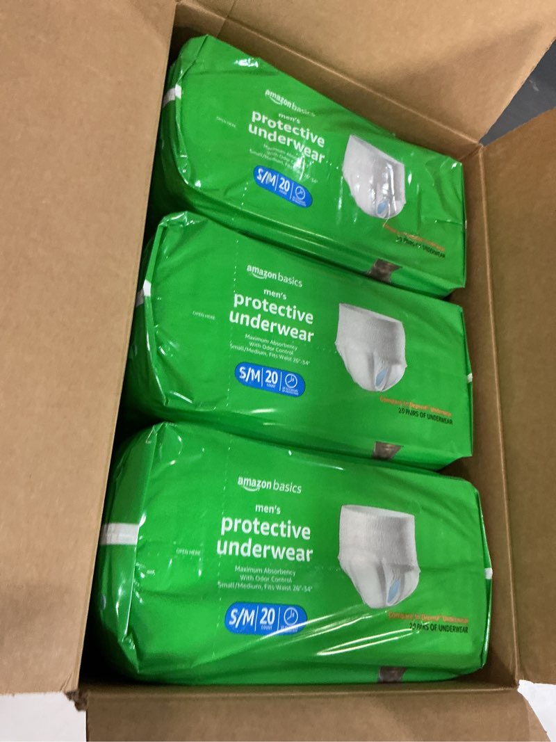 Condition photo showing New/Like New for Amazon Basics Incontinence Underwear for Men, Maximum Absorbency, Small/Medium, 60 Count (3 Packs of 20) Small/Medium 60.0
