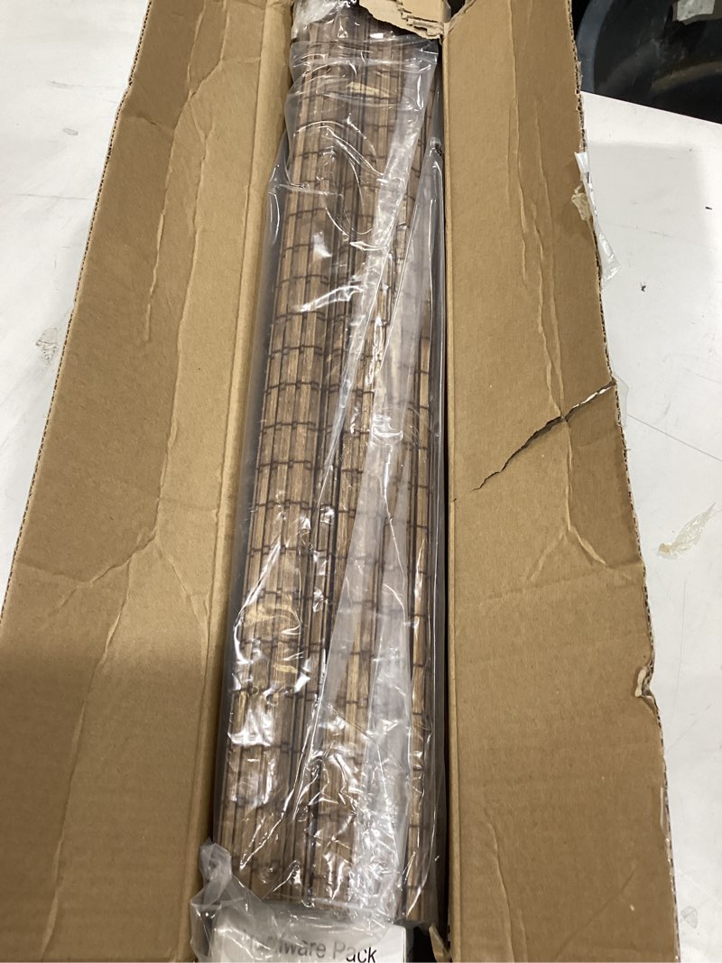 Condition photo showing New/Like New for lazblinds cordless bamboo roman shades, privacy blinds for interior windows, room darkening roll up bamboo blinds for home & patio, 23.5" w x 64" h, highfield teak pricacy - highfield teak 23.5" w x 64" h