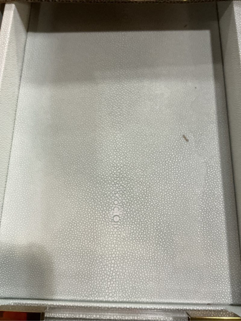 Condition photo showing Good Condition for 2 Pack Large Ottoman Tray Shagreen Decorative Tray Serving Tray with Acrylic Gold Handles, Ice Blue Vegan Leather Coffee Table Tray for All Occations Home Decor Light Aqua 2 Pack, L(19.7" x 12" x 2") M(17.7" x 10.2" x 2")