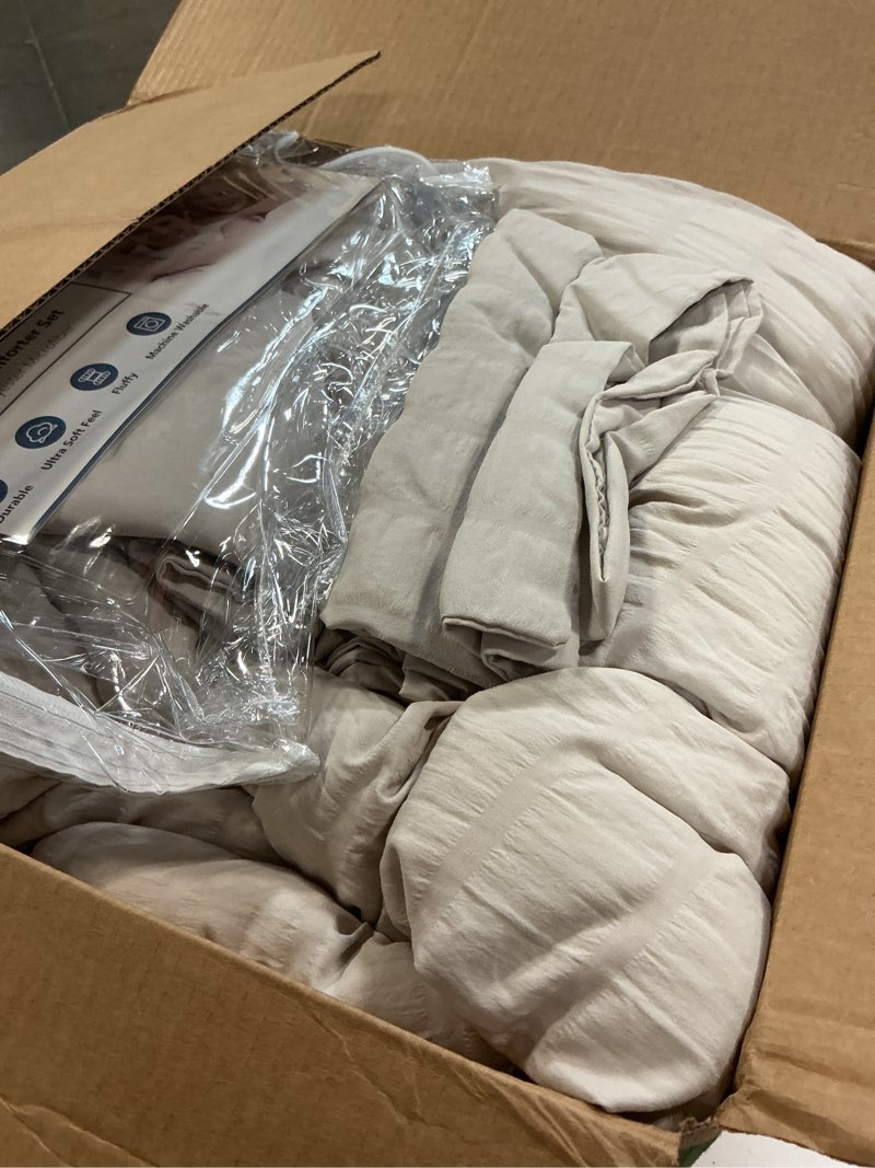 Condition photo showing As Is for cozylux california king comforter set with sheets 7 pieces, beige seersucker bed in a bag cal king luxury soft bedding sets with down alternative comforter, sheets, pillowcases & shams for all season beige california king