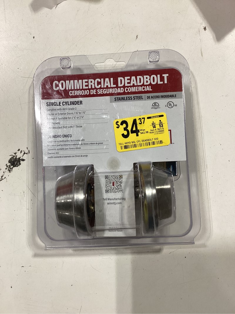 Condition photo showing New/Like New for tell manufacturing heavy duty db2000 deadbolt satin stainless steel single cylinder deadbolt