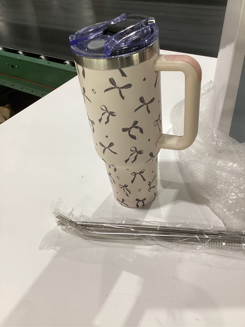 Condition photo showing New/Like New for Bow Tumbler with Handle and Straw 40oz – Stainless Sleel Slider Tumbler Travel Coffee Mug for Women - Gift Idea for Birthday Christmas Bow 1, SIMILAR TO STOCK PHOTO