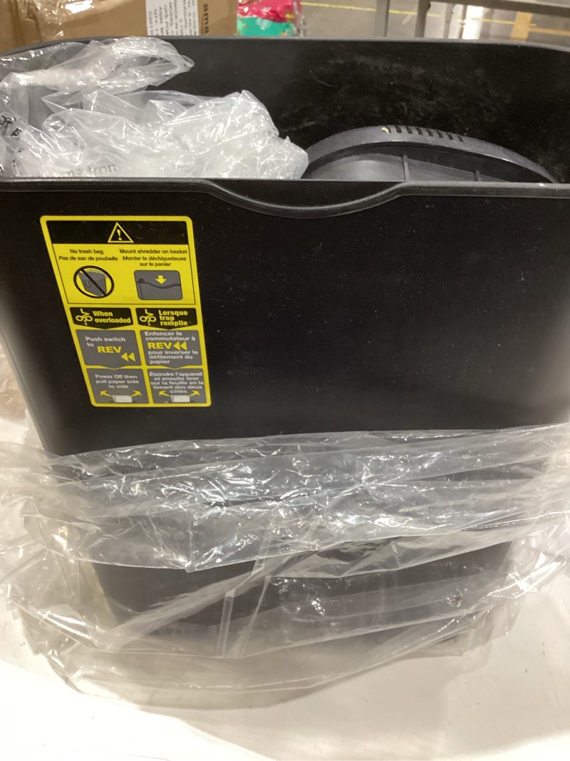Condition photo showing As Is for amazon basics 8-sheet high security cross cut paper and credit card shredder with p-4 security, auto shut-off, black 8 sheet black