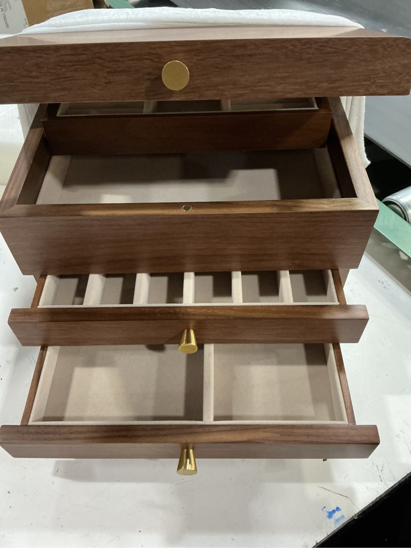 Condition photo showing Good Condition for chosin wooden jewelry box, 3 layer large jewelry organizer for women, black walnut wood, jewelry storage for necklaces rings earring watches bracelets gifts (no mirror)