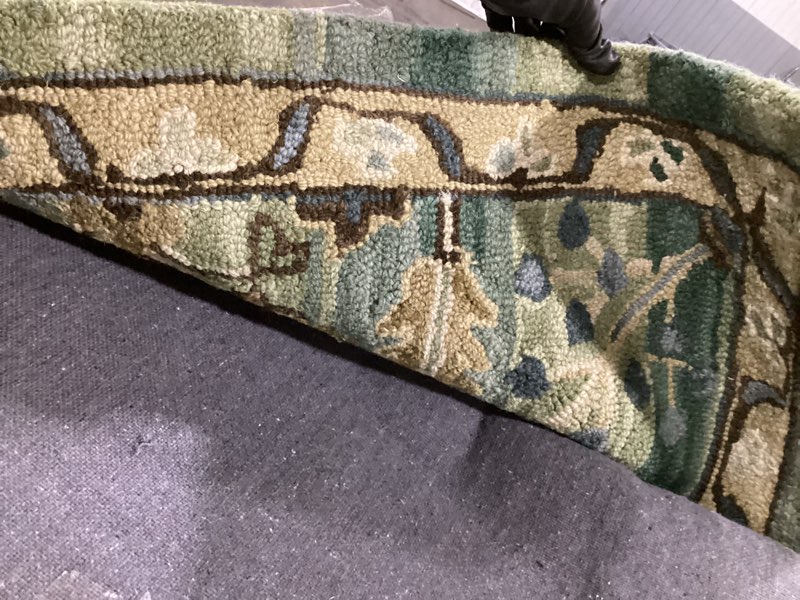 Condition photo showing Good Condition for similar to modern oushak hand knotted wool rug in light blue and dark green with floral design for living room and home