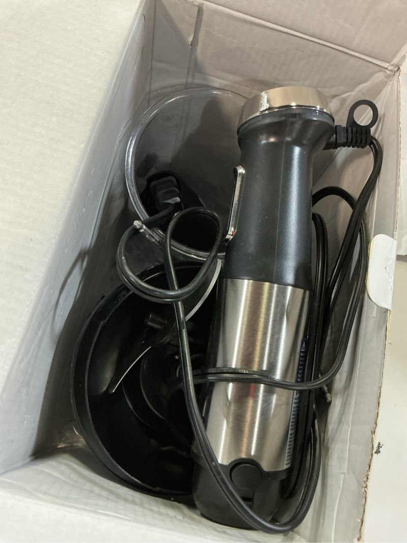 Condition photo showing As Is for ganiza immersion blender 5 in 1 hand blender max 1000w heavy duty motor, 16 speed mode handheld blender stainless steel blade with 800ml mixing beaker, 600ml chopper, whisk and milk frother