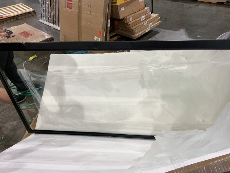 Condition photo showing As Is for rectangular aluminum alloy framed and tempered glass wall bathroom vanity mirror in matte black 