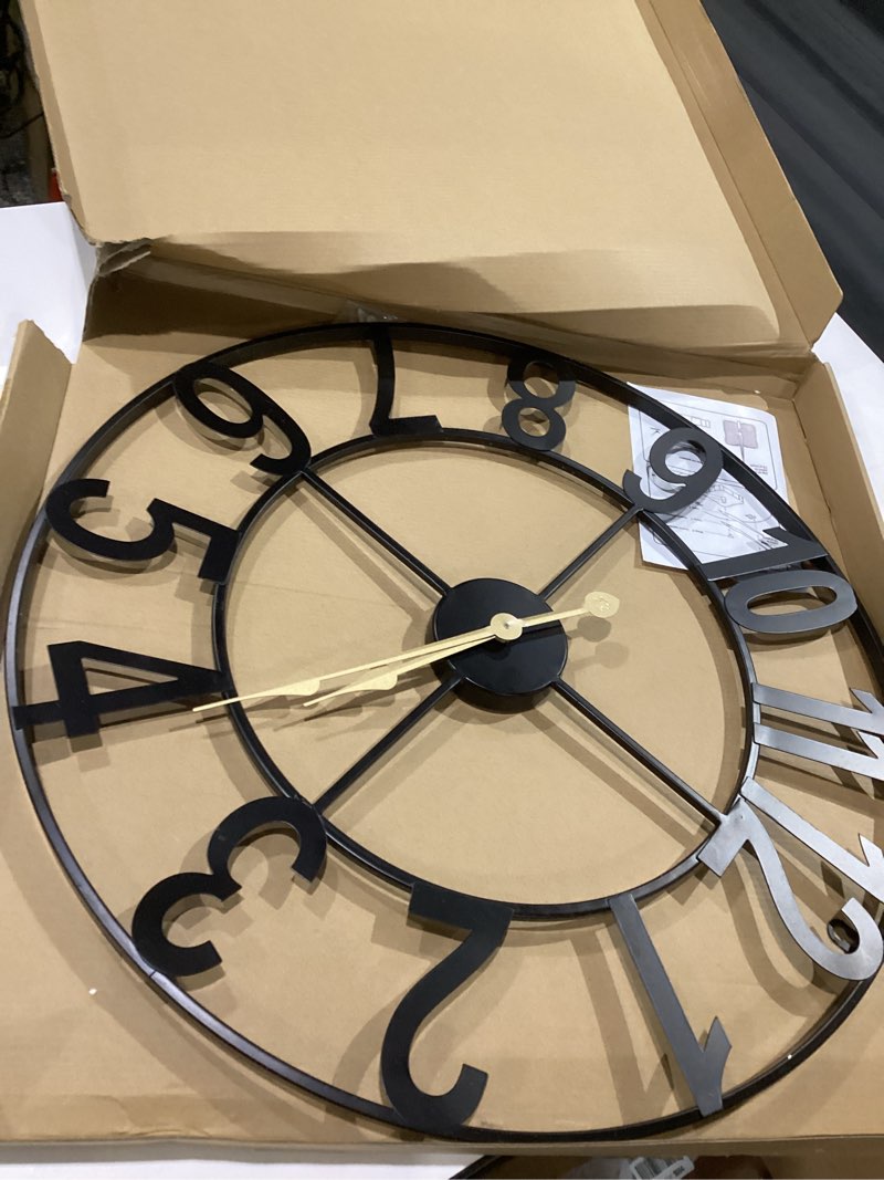 Condition photo showing As Is for large outdoor clock, 24 inch silent non-ticking battery operated outdoor wall clock, black modern metal wall clock for patio, porch, pool area, kitchen, bedroom, living room, farmhouse decor black 24 inch