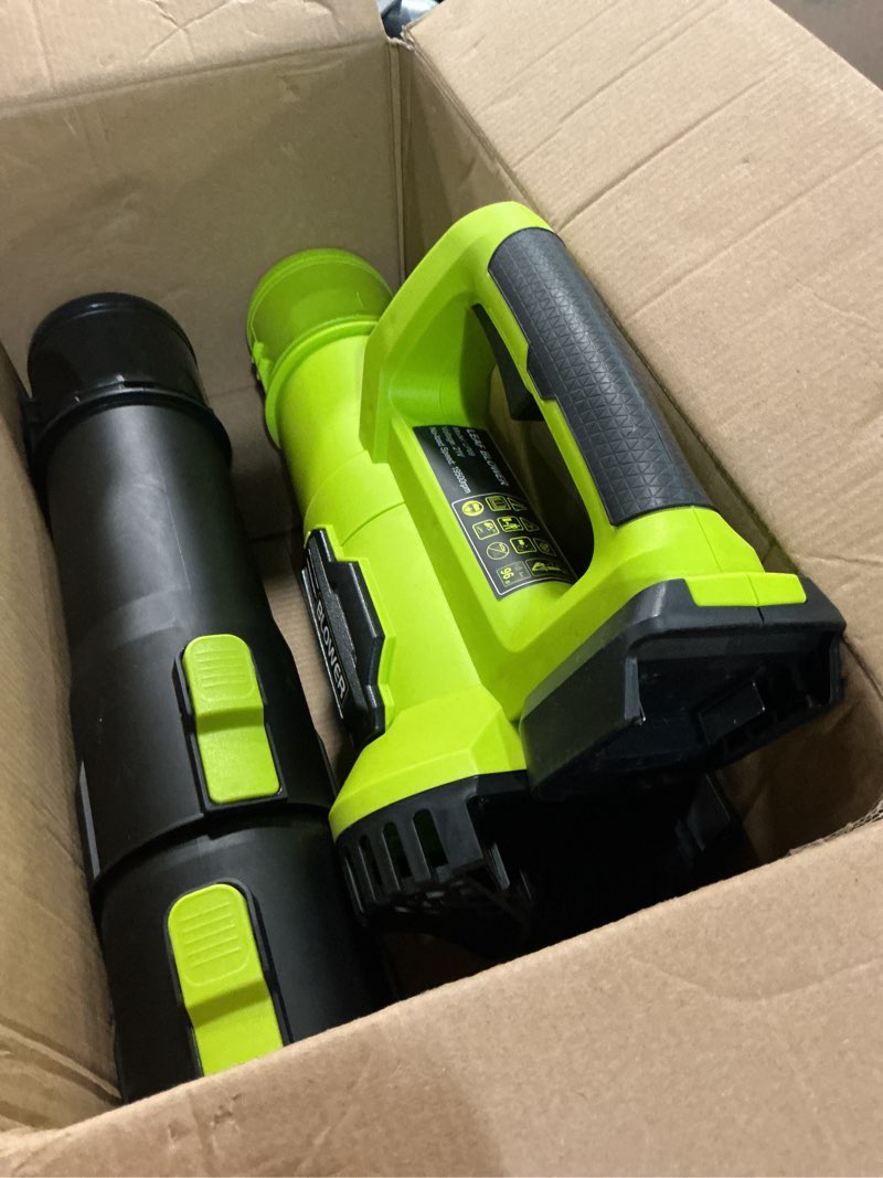 Condition photo showing As Is for leaf blower cordless, electric cordless leaf blower with 2 batteries and fast charger, lightweight battery powered leaf blowers for lawn care, patio cleaning bright green