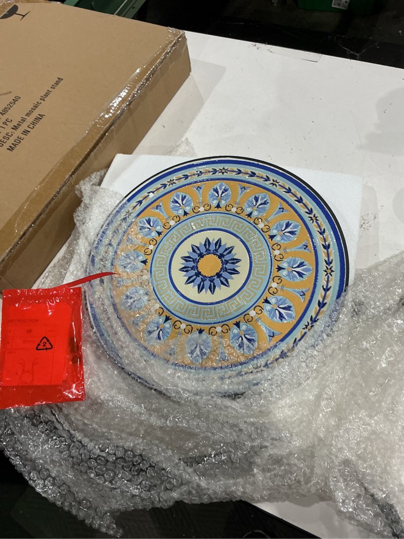 Condition photo showing As Is for vcuteka mosaic side table, 21" round end table with 14" ceramic tile top, patio accent table indoor and outdoor end table for yard, garden, living room, bistro balcony or lawn 