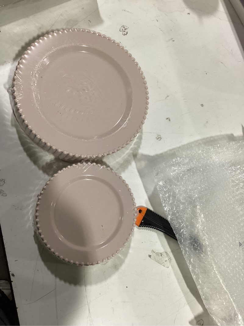 Condition photo showing Good Condition for homip 50pcs pink plastic plates - fancy beaded plates disposable, elegant plates for party, wedding & birthday including 25 dinner 10" & 25 dessert plate 7"