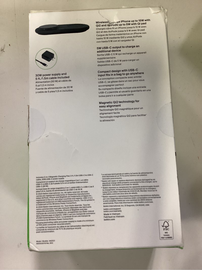 Condition photo showing New/Like New for belkin 2-in-1 wireless charging pad w/ qi2 15w + additional usb-c port - magsafe-compatible charger, charging station for iphone 16 & 15 series, samsung galaxy s25 series, airpods, & more - black black 2 in 1