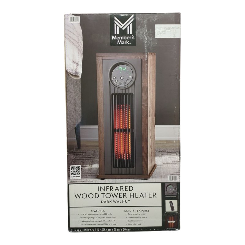 member's mark 23" 1500w infrared tower heater with uv led light, dark walnut