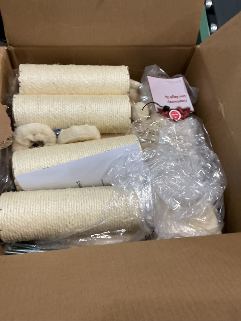 Condition photo showing As Is for Amazon Basics Cat Condo Tower with Hammock Bed and Scratching Post,Easy to Assemble,Plush Hammock,Interactive Hanging Ball,Durable Sisal Scratch Posts for Indoor Cats, 15.8 x 15.8 x 19.7 Inches, Beige Cat Hammock Beige