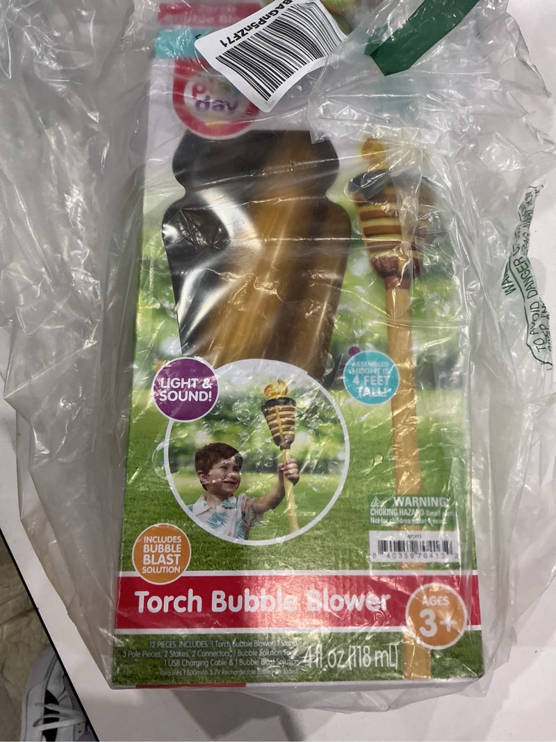 Condition photo showing Good Condition for tiki torch bubbler - summer pool party bubble machine with lights and music, bubble blower and wand, rechargeable outdoor toy for kids teens birthday party, 4 feet tall, includes 4oz bubble solution 48 inches