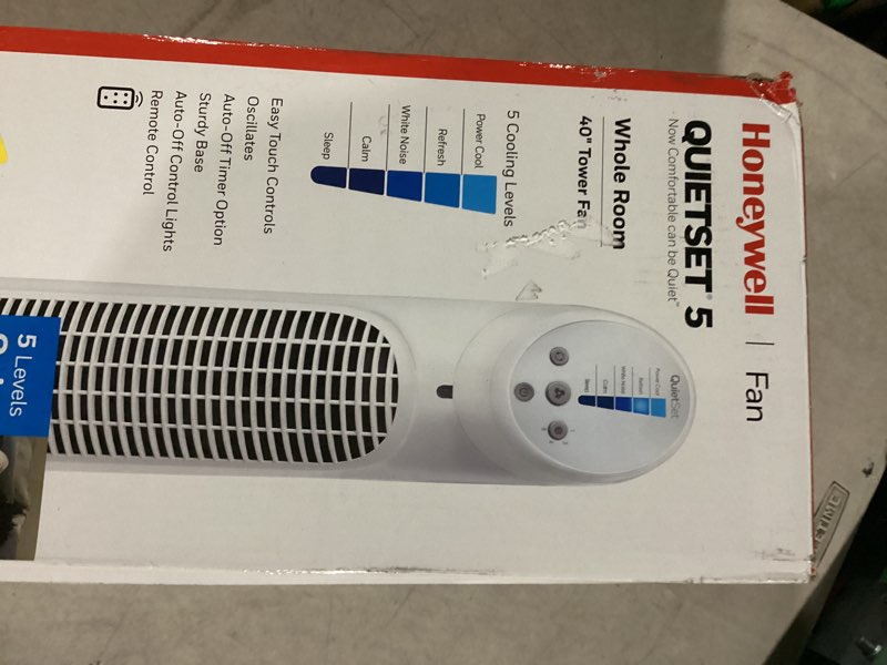 Condition photo showing New/Like New for Honeywell QuietSet Whole Room Oscillating Tower filter Fan with Remote, White, HYF260