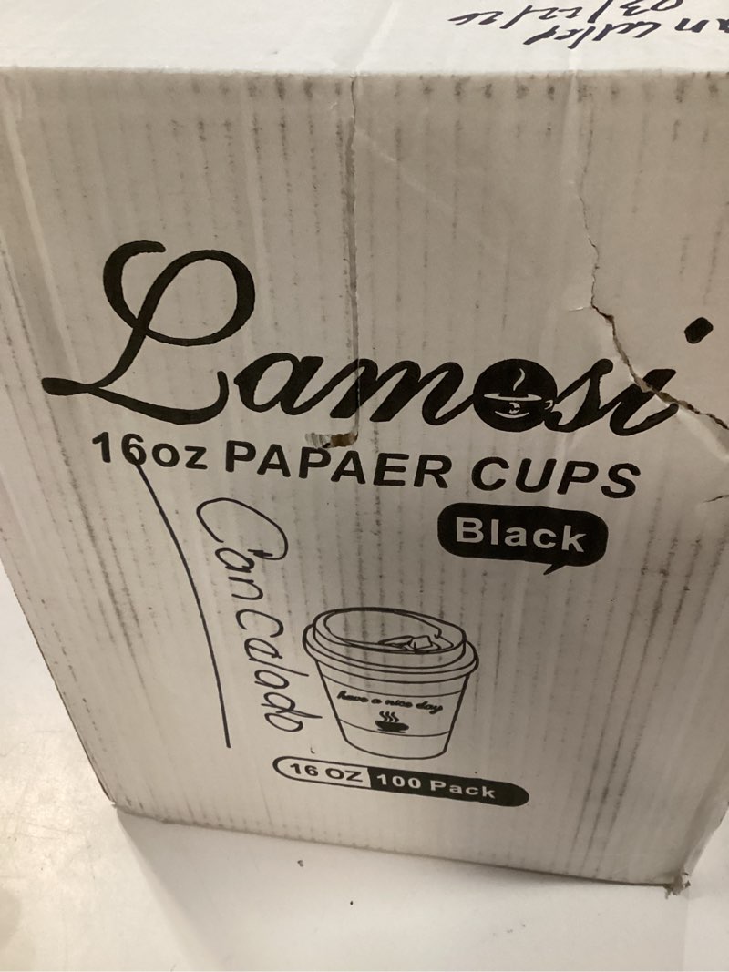 Condition photo showing New/Like New for lamosi disposable paper cups with lids 12 oz, to go hot cups, sleeve, black 100 count insulated