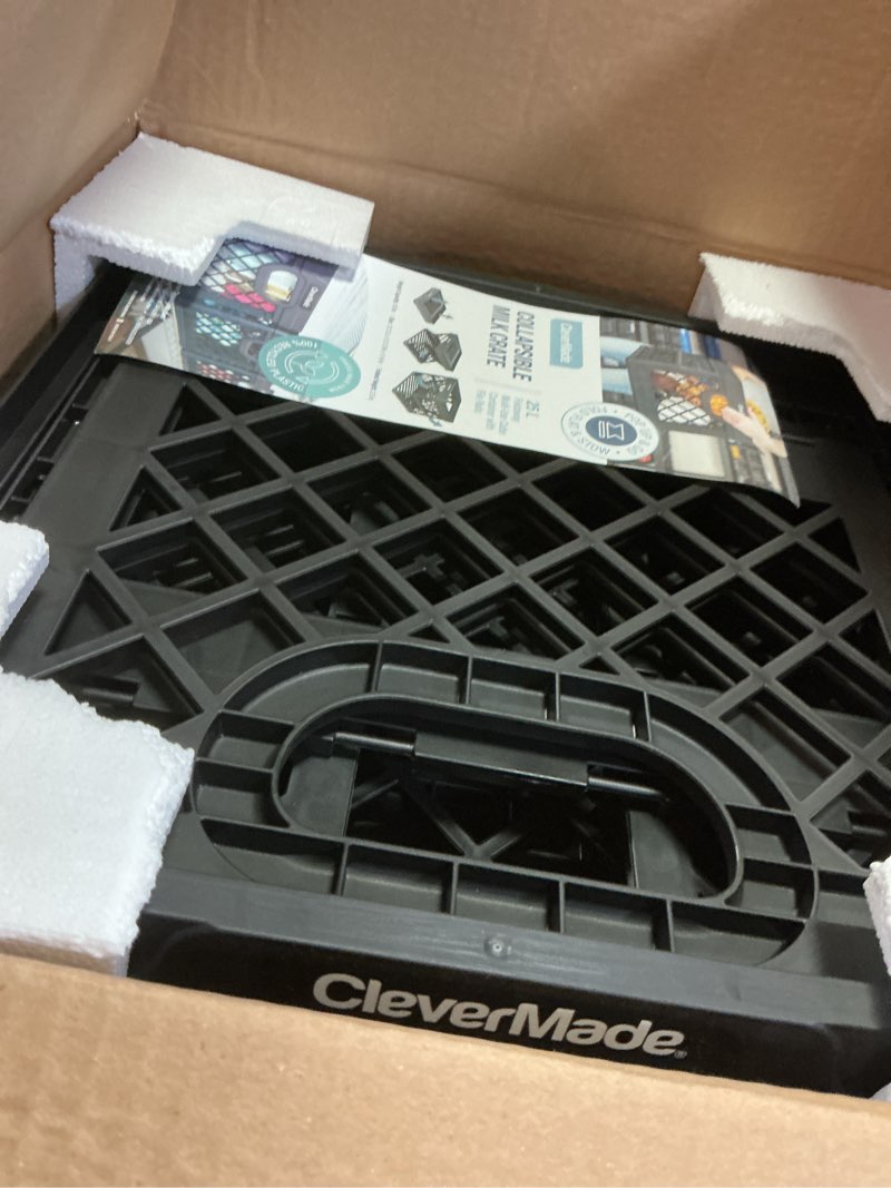 Condition photo showing Good Condition for CleverMade Collapsible Milk Crate, Black, 3PK - 25L (6 Gal) Stackable Storage Bins, Holds 50lbs Per Bin - Clevercrates are Heavy Duty, Plastic Collapsible Storage Crate for Multi Purposes Obsidian 3 Pack