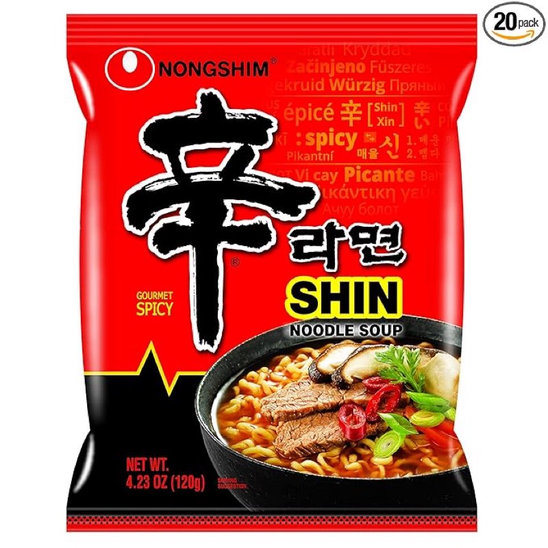 (Best by MAY/16/2026) Nongshim Ramen Noodles, Gourmet Instant Ramen, Premium Microwavable Noodle Soup, Spicy Shin, Family Pack, 4.23 Ounce (Pack of 20)