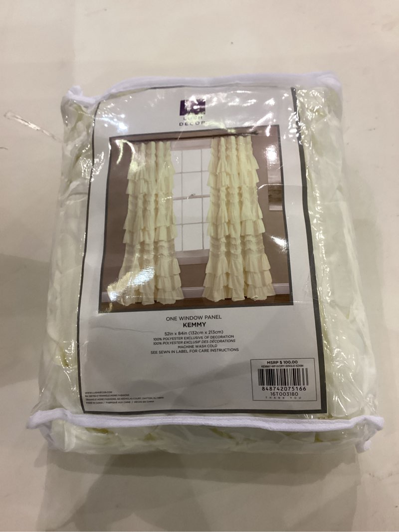 Condition photo showing New/Like New for Lush Decor Kemmy Light Filtering Window Curtain Panel Single 52" W x 84" L Ivory - Drapes - Ruffled Curtains for Bedroom - Cream Curtains - Coquette Decor Ivory 52"W x 84"L (Pack of 1)