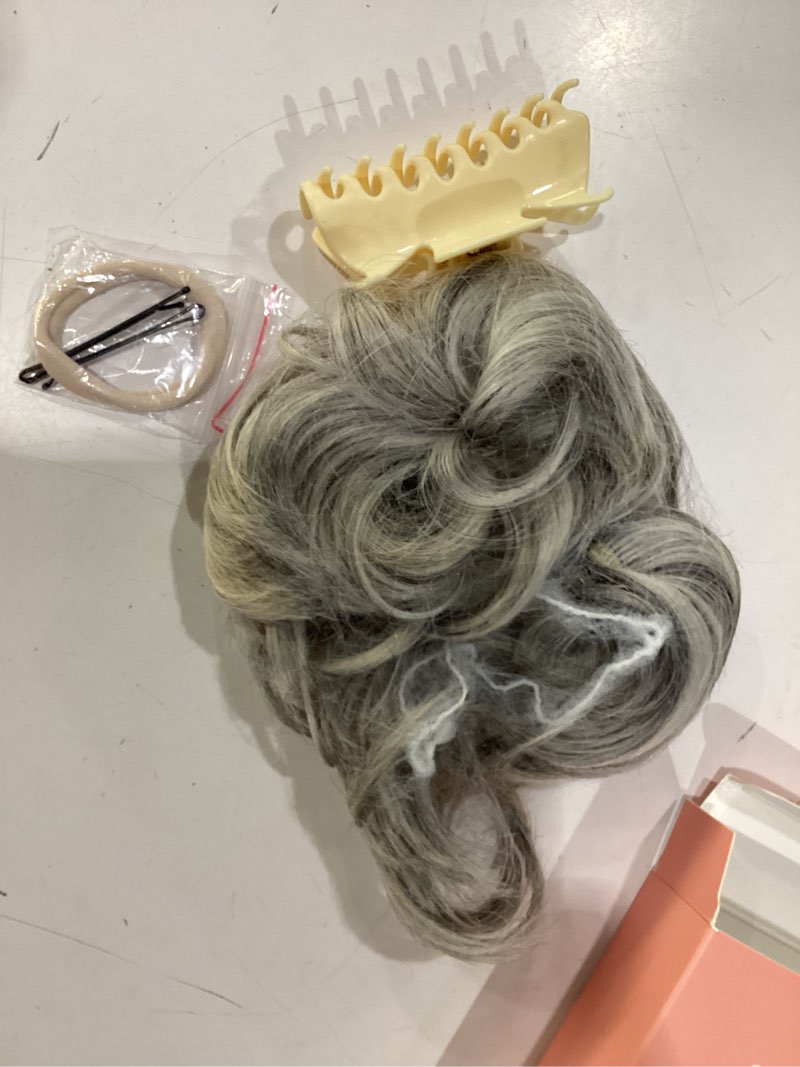 Condition photo showing New/Like New for sarla 2pcs messy bun hair pieces for women detachable claw clip wavy curly synthetic hairpieces for updos with tendrils fake scrunchies ponytail extension grey multi 2pcs-grey multi