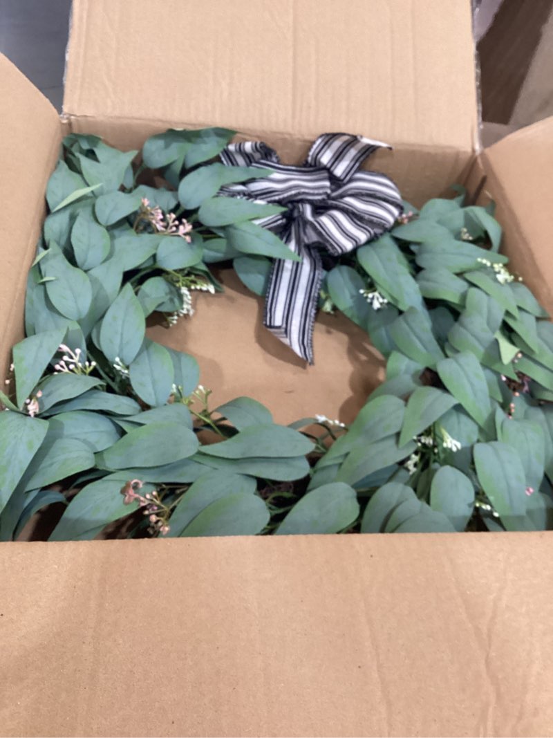 Condition photo showing New/Like New for collective home - artificial wreath, 23" artificial wreath for front door, spring green leaf for window wedding, home porch patio garden decor (green eucalyptus)