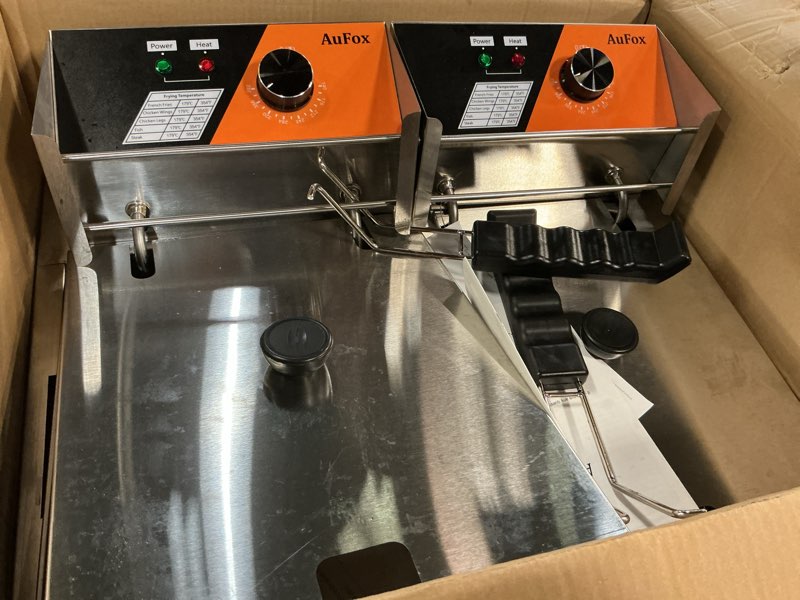 Condition photo showing As Is for commercial deep fryer 20.7qt/20l dual tank deep fryers with baskets 0.8mm thickened stainless steel electric countertop fryer with adjustable temperature, 1700w x2, 110v