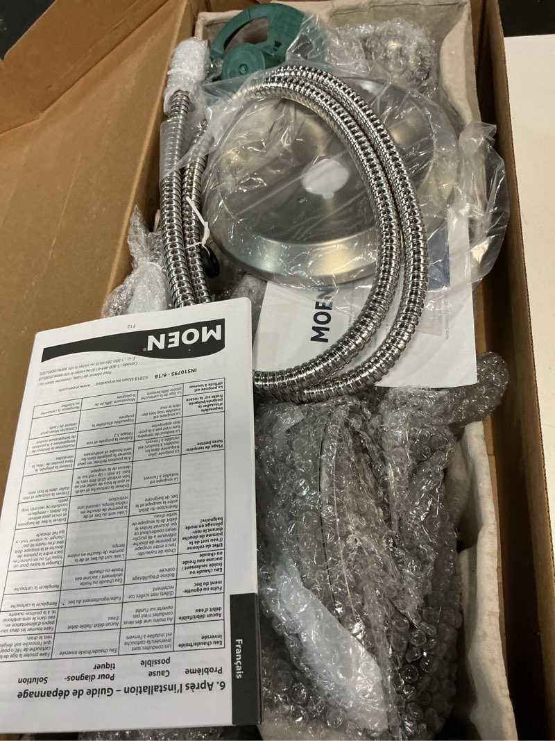 Condition photo showing Good Condition for Moen Engage Multi-Function Handshower and Rainfall Shower Head Trim Combo with Handle, Tub Spout, Metal Hose and Valve, Brushed Nickel, 82304SRN