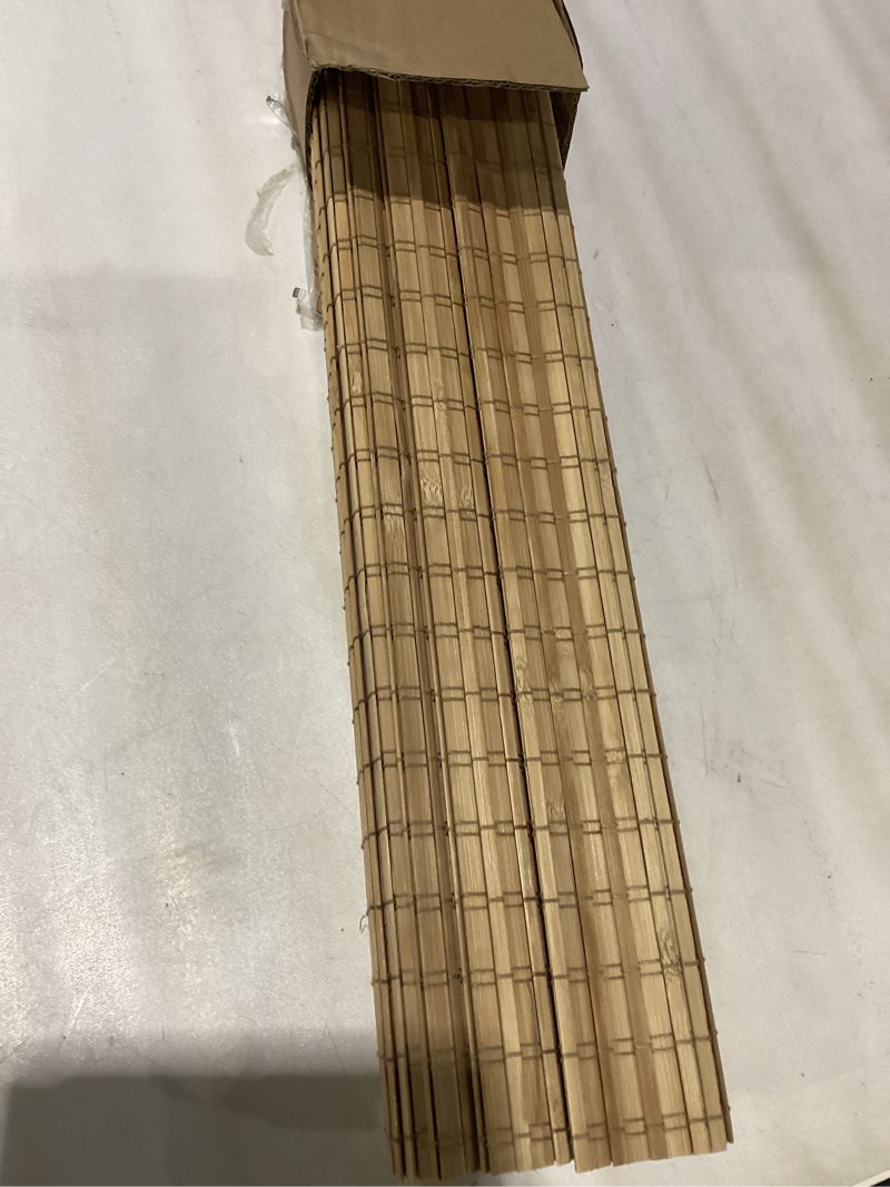 Condition photo showing Good Condition for Bamboo Roman Shades with Valance Cover, Cordless Blinds for Indoor Windows, Blackout Woven Wood Shades for Home & Patio, Privacy Protection, 28" W x 64" H, Carbonized Privacy-carbonized 28"W x 64"H