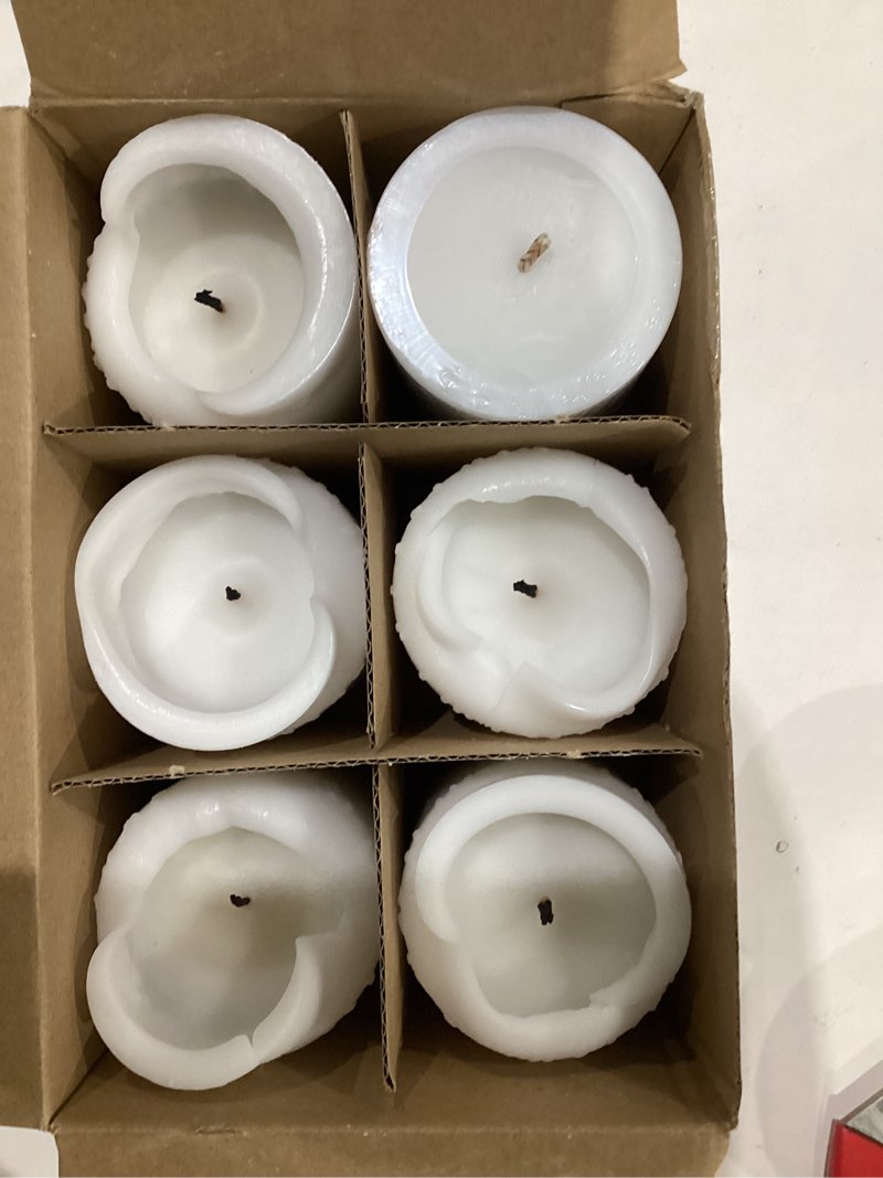 Condition photo showing As Is for ashlux white pillar candles, set of 6 wax,56 hours long burning,unscented and dripless pillar candles bulk,large pillar candle (3x4 inch) for christmas lights,wedding,parties, spas,home decorative white 3"x 4"(6 pack)