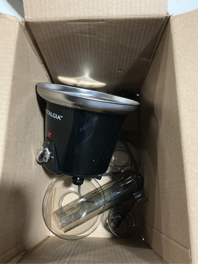 Condition photo showing As Is for nostalgia 3 tier electric chocolate fondue fountain machine for parties - melts cheese, queso, candy, and liqueur - dip strawberries, apple wedges, vegetables, and more - 24-ounce - black, small