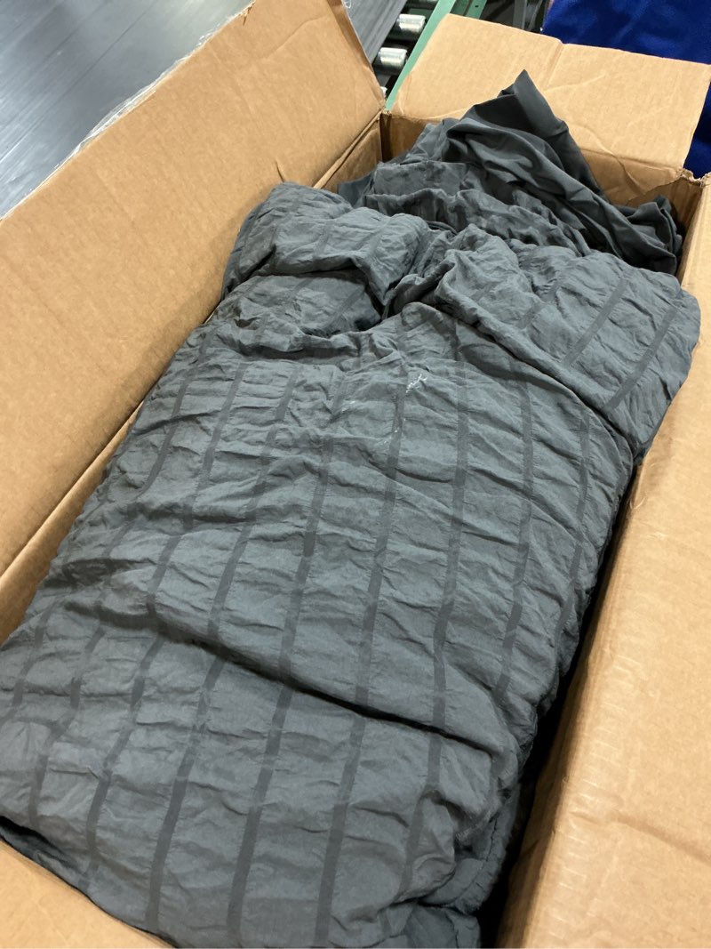 Condition photo showing As Is for hymokege oversized queen comforter set seersucker 7 pieces, all season luxury bed in a bag for bedroom, bedding set with comforter, sheets, pillowcases & shams, dark grey